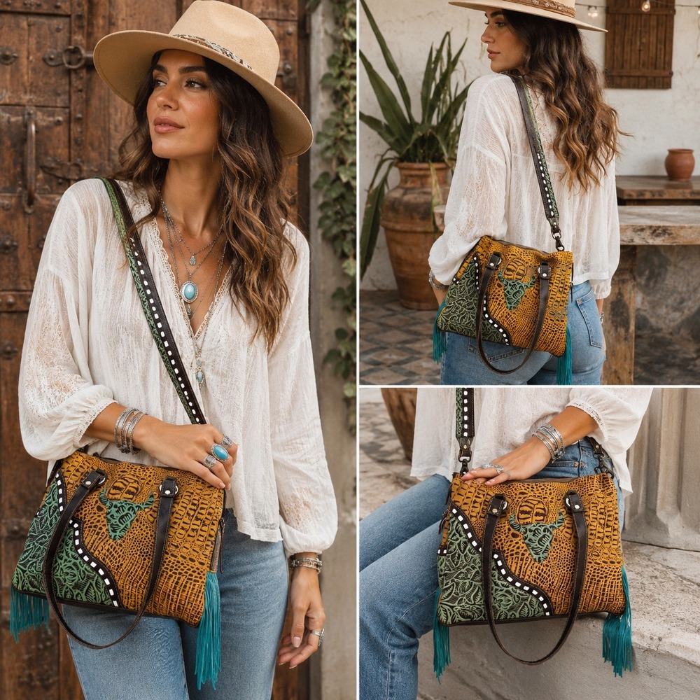 Myra Bag Leather Southwestern Tooled Cow Skull Fringe Crossbody Tote Yellow Teal
